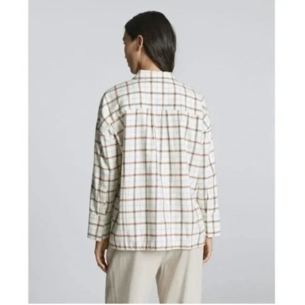 Everlane Boxy Flannel Cream Brown Plaid Button Down Shirt Sz Women's Medium NWT - Picture 3 of 13